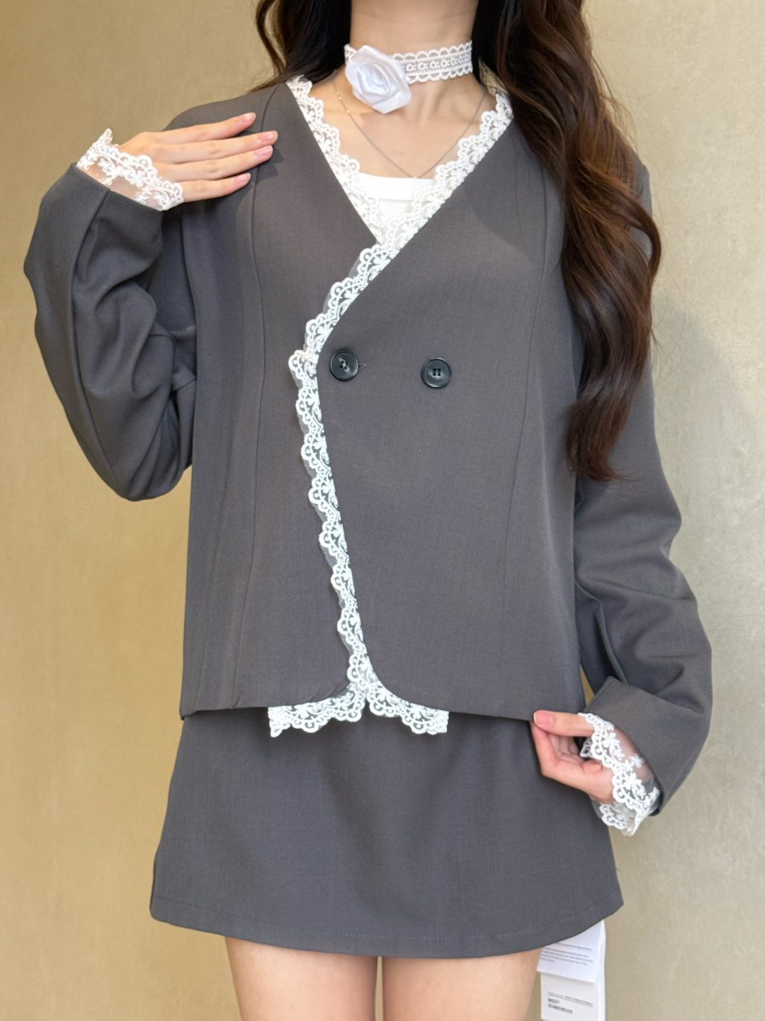 法式蕾丝花边拼接西装短裙套装