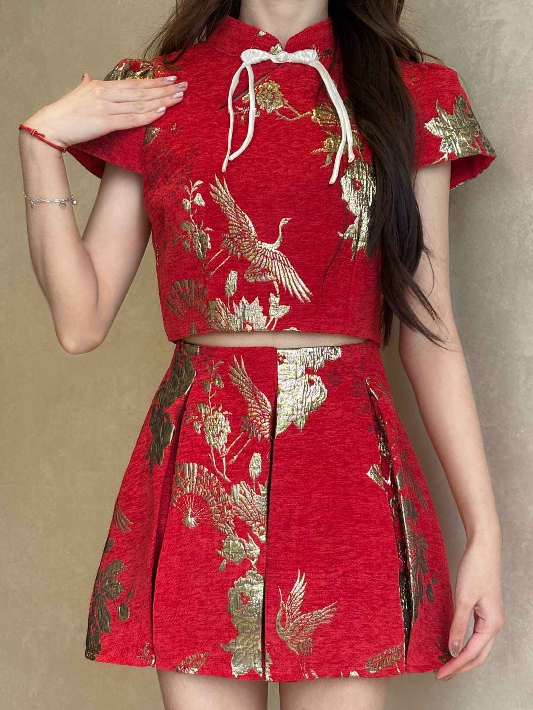 瑞鹤花锦新中式旗袍套装