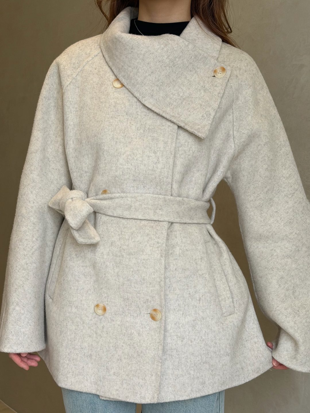 双面羊绒围脖领系带短款大衣