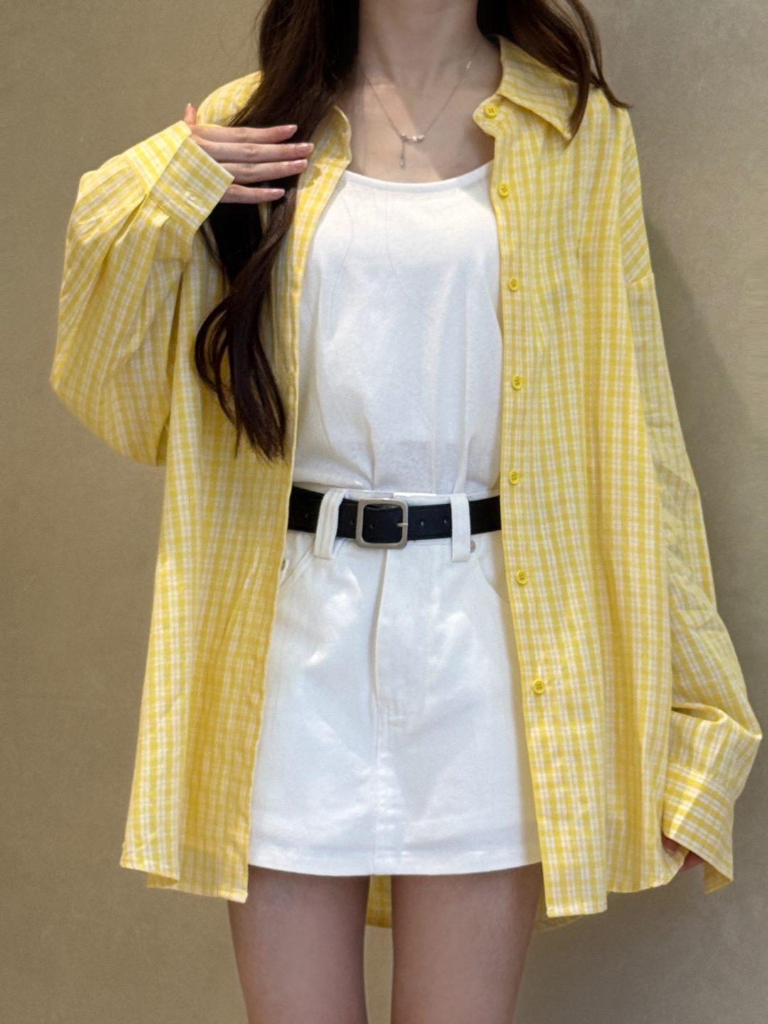 高级感格子衬衫+吊带背心+牛仔半身裙三件套